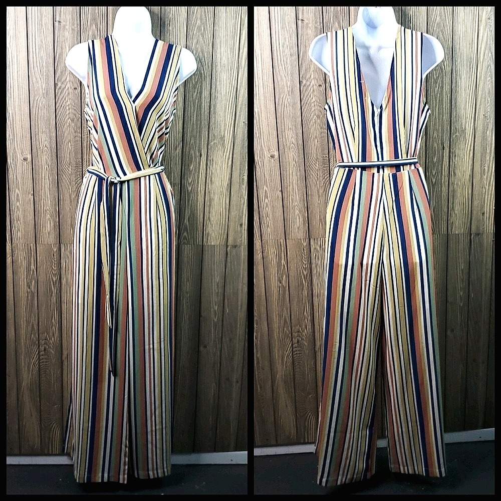 Monteau Striped V-neck Belted Jumpsuit Large